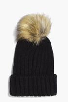 Boohoo Sofia Detachable Faux Fur Pom Beanie Hat Black