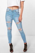 Boohoo Petite Luci Rip Knee Paint Splatter Skinny Jean Blue