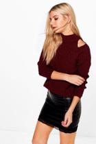 Boohoo Amelie Rib Knit Cold Shoulder Jumper Wine