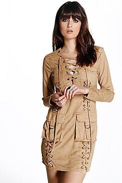 Boohoo Boutique Liz Suedette Eyelet Pocket Detail Dress