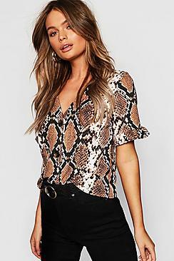 Boohoo Horn Button Print Frill Sleeve Top