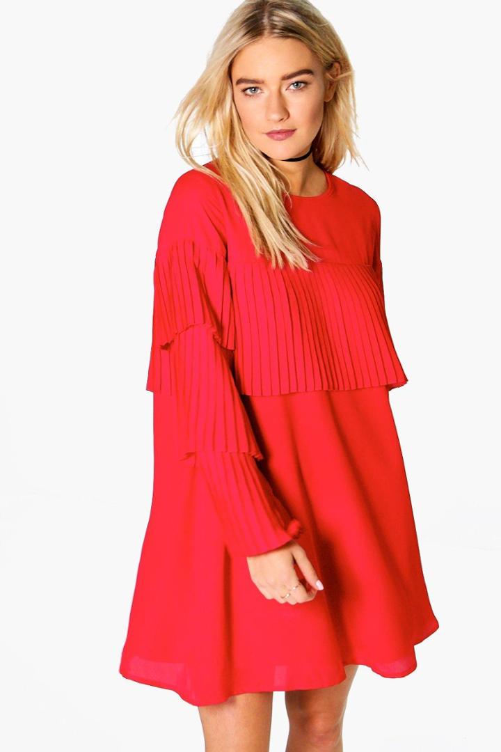 Boohoo Lara Pleated Frill Detail Shift Dress Red