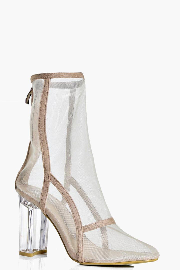 Boohoo Bethany Clear Cylinder Heel Mesh Shoe Boot Nude