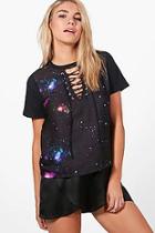 Boohoo Anna Lace Up Space Print T Shirt