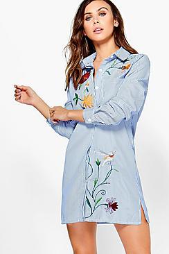 Boohoo Petite Tanya Embroidered Stripe Shirt Dress