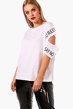 Boohoo Plus Sally Slogan Cold Shoulder Oversized Tee