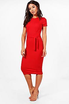Boohoo Eva Tie Waist Fitted Dress