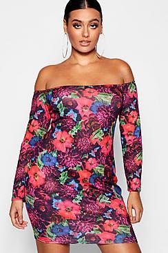 Boohoo Plus Jewel Floral Bardot Bodycon Dress
