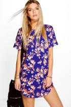 Boohoo Elspeth Floral Curved Hem Shift Dress Blue