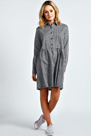 Boohoo Polly Long Sleeve Gingham Smock Shirt Dress - Black