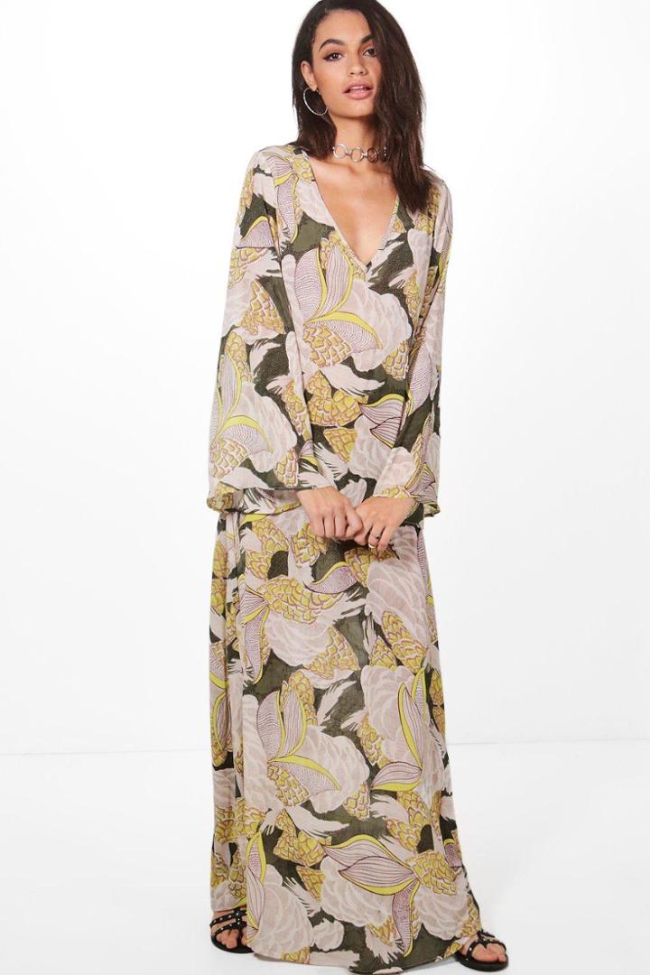 Boohoo Ida Angel Sleeve Tropical Print Maxi Dress Moss