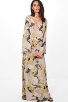 Boohoo Ida Angel Sleeve Tropical Print Maxi Dress Moss