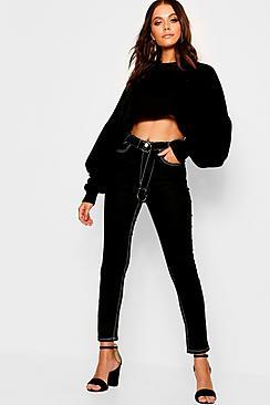 Boohoo Contrast Stitch Belt Straight Denim Jean