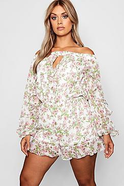 Boohoo Plus Chiffon Floral Off Shoulder Playsuit
