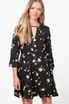 Boohoo Bianca Floral Ruffle Tie Back Skater Dress Black