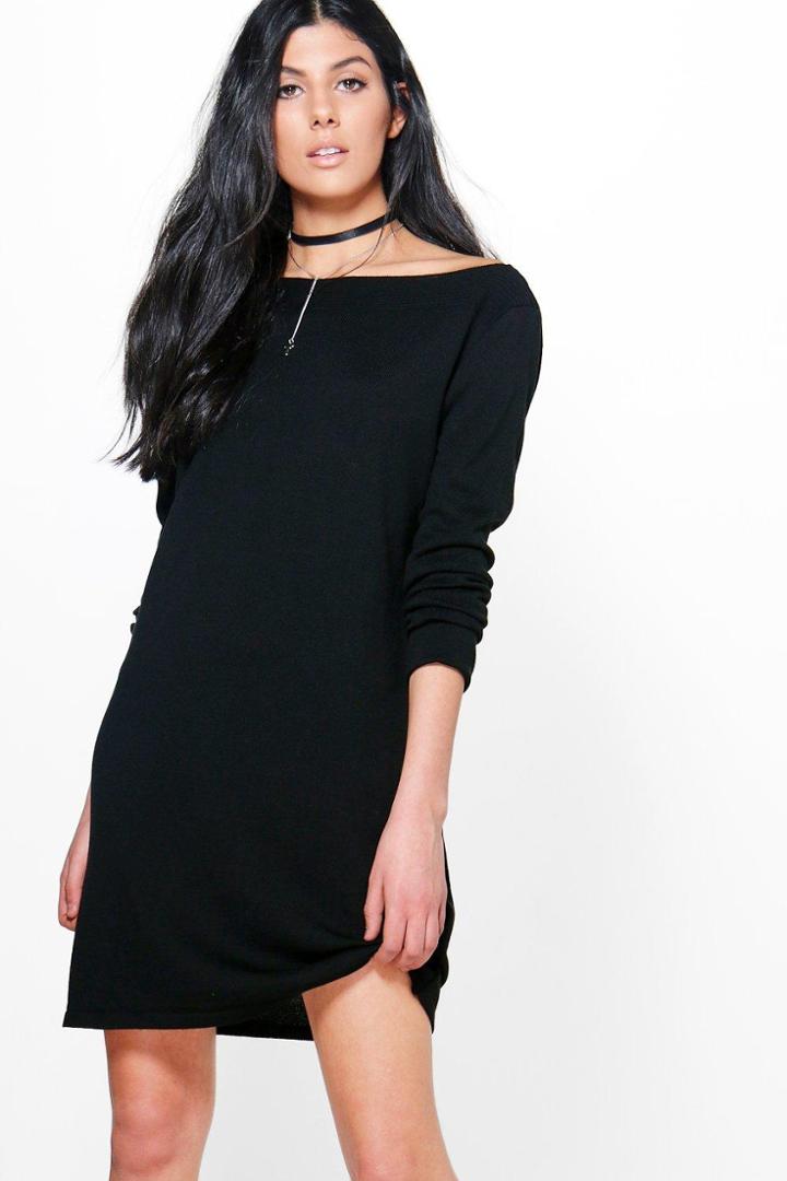 Boohoo Rachel Rib Bardot Neck Soft Knit Jumper Dress Black