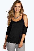 Boohoo Plus Charlotte Open Shoulder Scallop Edge Top Black