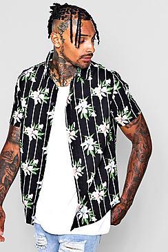 Boohoo Floral Stripe Print Short Sleeve Shirt