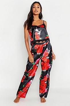 Boohoo Rosey Floral Lace Trim Cami & Pj Set
