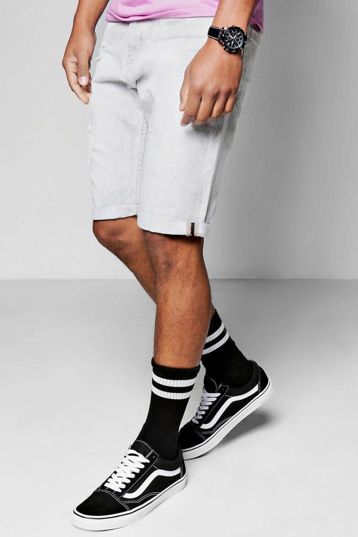 Boohoo Denim Shorts With Turn Up And Distressing Grey