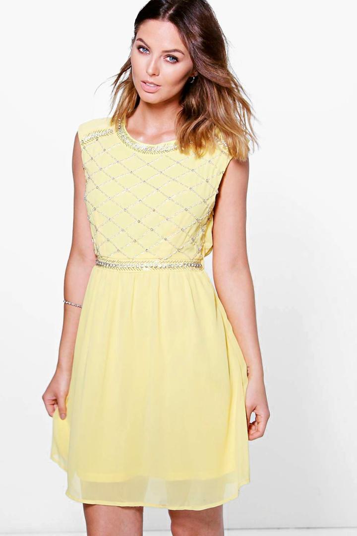 Boohoo Boutique Sara Embellished Skater Dress Yellow