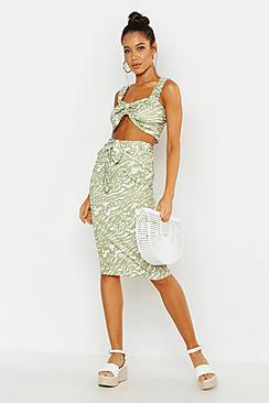 Boohoo Animal Print Tie Front Midi Skirt