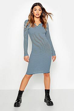 Boohoo Stripe Rib High Neck Bodycon Dress