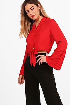 Boohoo Petite Gabby Pleated Sleeve Tie Front Shirt