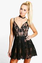 Boohoo Boutique Sia Embroidered Mesh Strappy Skater Dress Black