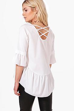 Boohoo Anna Strappy Back Ruffle Hem Woven Top