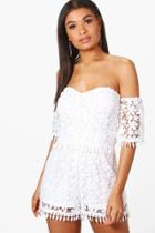 Boohoo Violet Boutique Crochet Off Shoulder Playsuit Ivory