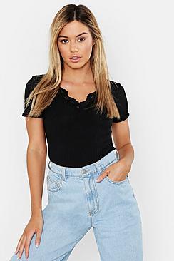 Boohoo Petite Lace Rib V-neck T-shirt
