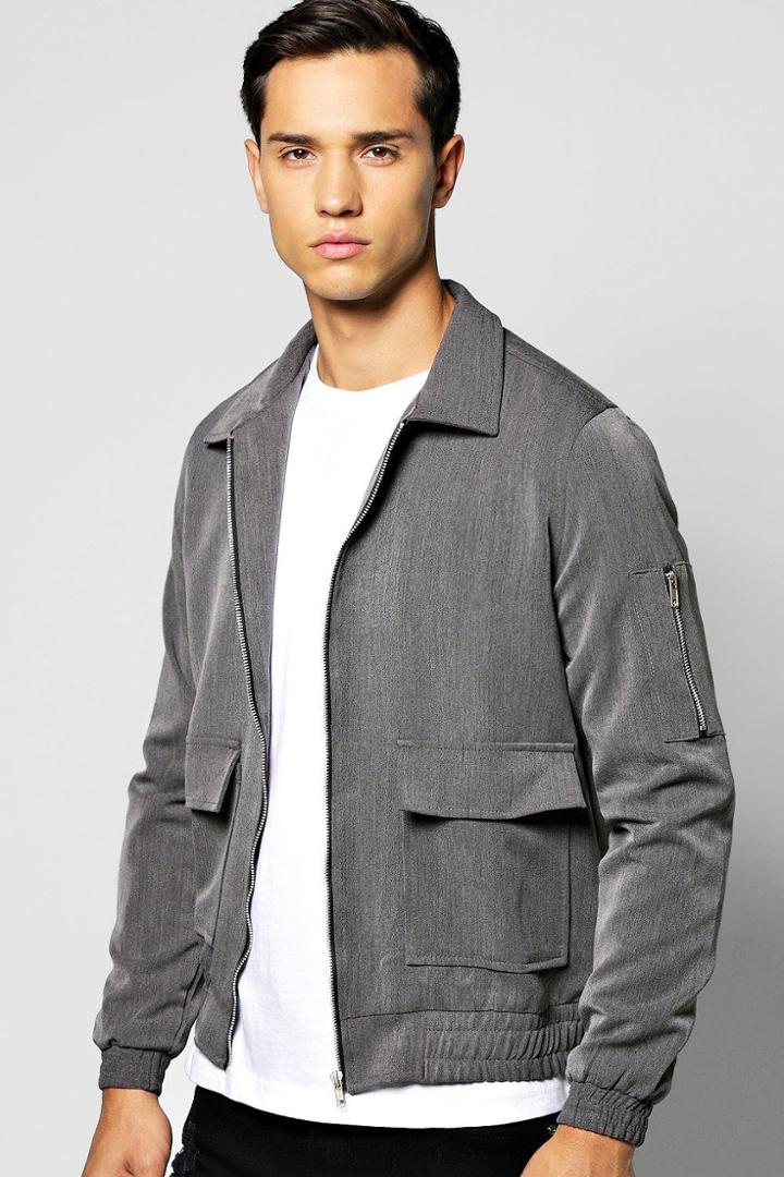 Boohoo Woven Harrington Jacket With Zip Detail Sleeve Grey