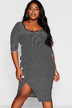 Boohoo Plus Striped Button Detail Midi Dress