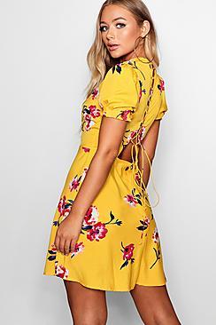 Boohoo Lace Up Back Floral Skater Dress