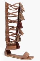 Boohoo Boutique Amy Knee High Suede Fringe Gladiator Taupe