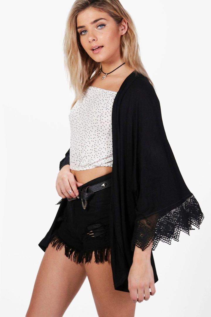 Boohoo Helena Crochet Trim Kimono Black