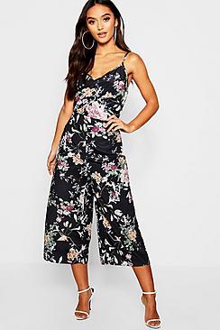 Boohoo Petite Twist Front Floral Culotte Jumpsuit