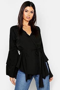 Boohoo Tie Waist Frill Sleeve Wrap Blouse