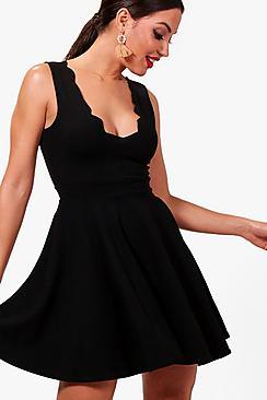 Boohoo Scallop Plunge Skater Dress