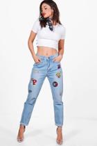 Boohoo Elsy Ripped Boyfriend Jeans With Badges Blue
