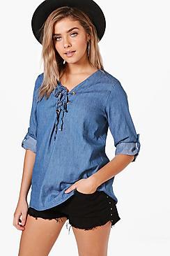 Boohoo Jonquil Eyelet Lace Up Denim Top