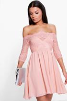 Boohoo Boutique Ria Embroidered Mesh Skater Dress Blush
