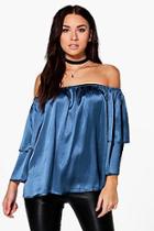 Boohoo Lucy Satin Ruffle Off The Shoulder Top