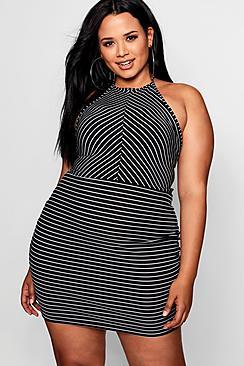 Boohoo Plus Lydia Halterneck Rib Stripe Mini Dress