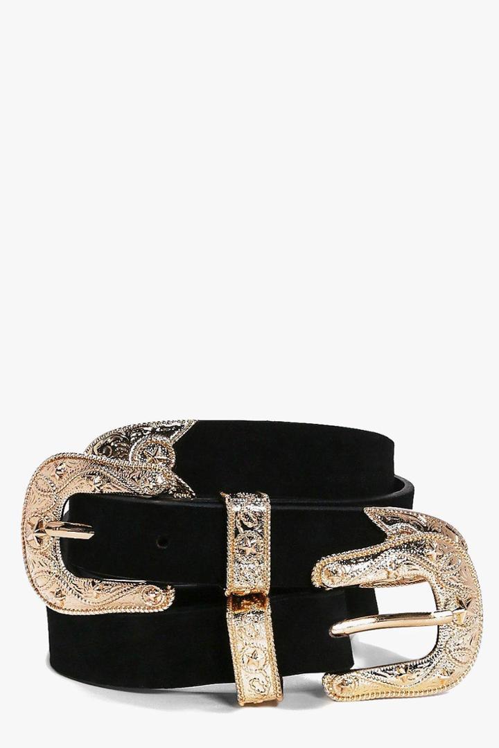 Boohoo Ivy Suedette Double Buckle Star Western Belt Black