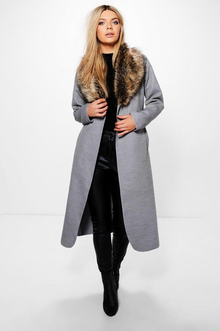 Boohoo Paige Faux Fur Collar Wrap Coat Grey