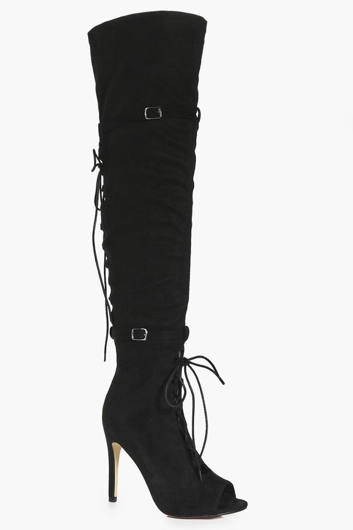 Boohoo Ivy Peeptoe Lace Up And Back Over Knee Boot Black