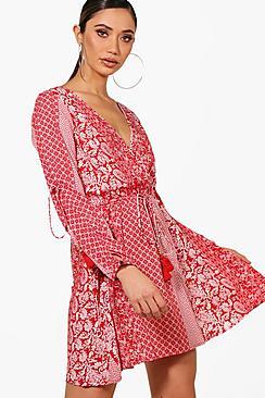 Boohoo Anabel Long Sleeve Wrap Front Paisley Dress