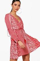 Boohoo Anabel Long Sleeve Wrap Front Paisley Dress